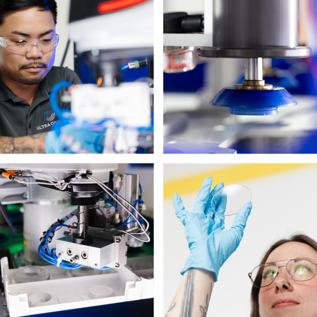 Overhead view of a test lab, with a chemist working with solutions and lenses